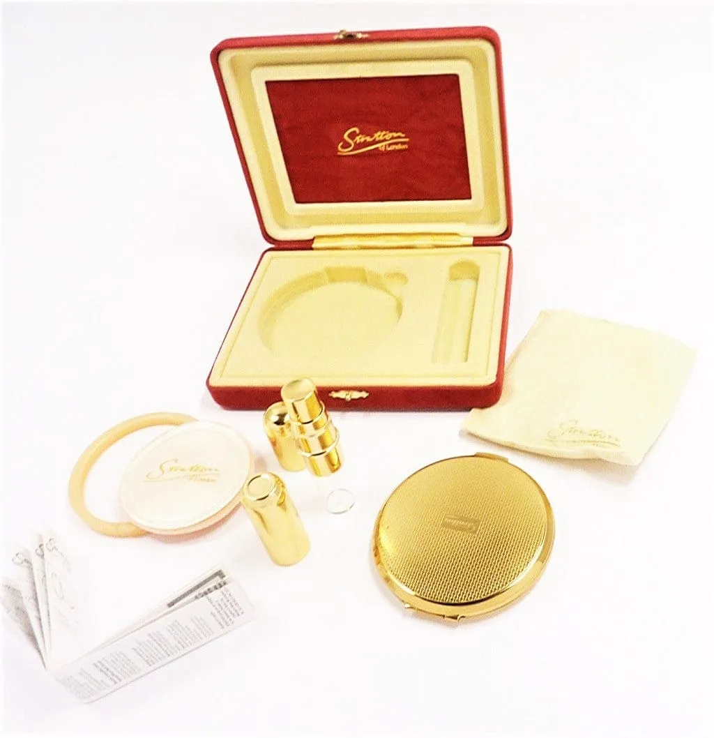 Super Unused Gilt Stratton Brand Compact Mirror And Perfume Atomiser Cased Set 1990s
