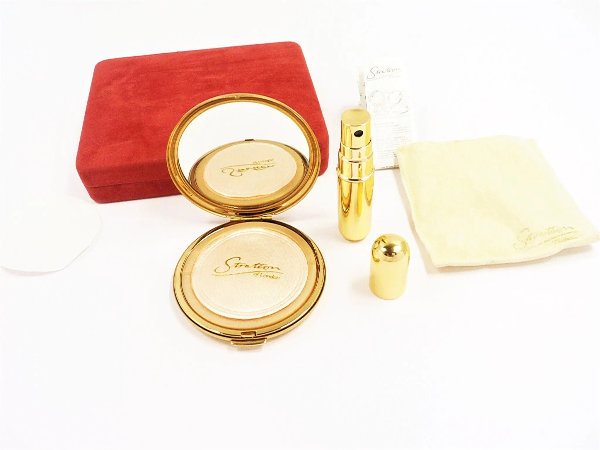 Super Unused Gilt Stratton Brand Compact Mirror And Perfume Atomiser Cased Set 1990s