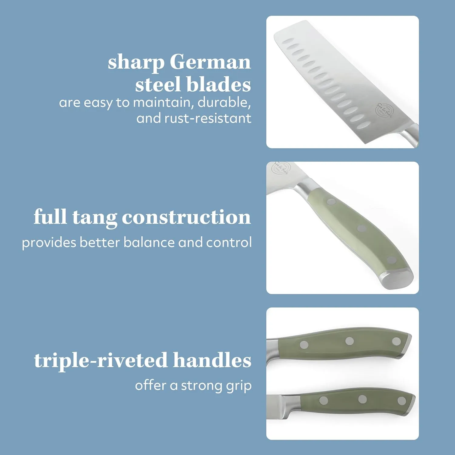 Sur La Table Kitchen Essentials 5 Piece German Steel Blade With Triple Riveted Handle Set on Beechwood Magentic Block - Juniper Green