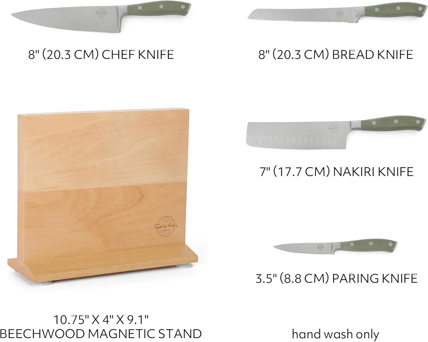 Sur La Table Kitchen Essentials 5 Piece German Steel Blade With Triple Riveted Handle Set on Beechwood Magentic Block - Juniper Green