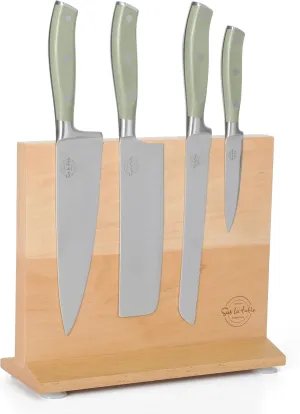 Sur La Table Kitchen Essentials 5 Piece German Steel Blade With Triple Riveted Handle Set on Beechwood Magentic Block - Juniper Green