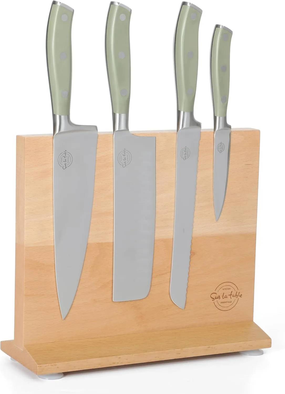 Sur La Table Kitchen Essentials 5 Piece German Steel Blade With Triple Riveted Handle Set on Beechwood Magentic Block - Juniper Green