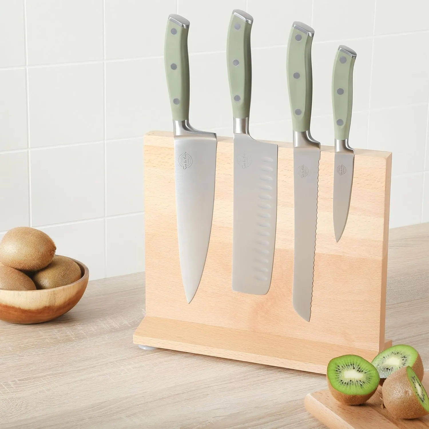 Sur La Table Kitchen Essentials 5 Piece German Steel Blade With Triple Riveted Handle Set on Beechwood Magentic Block - Juniper Green