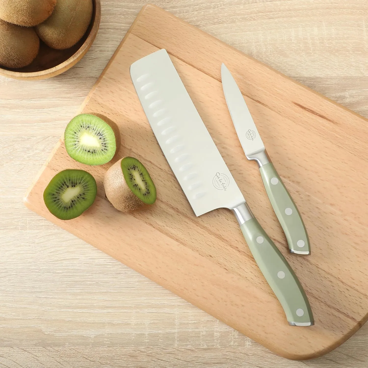 Sur La Table Kitchen Essentials 5 Piece German Steel Blade With Triple Riveted Handle Set on Beechwood Magentic Block - Juniper Green