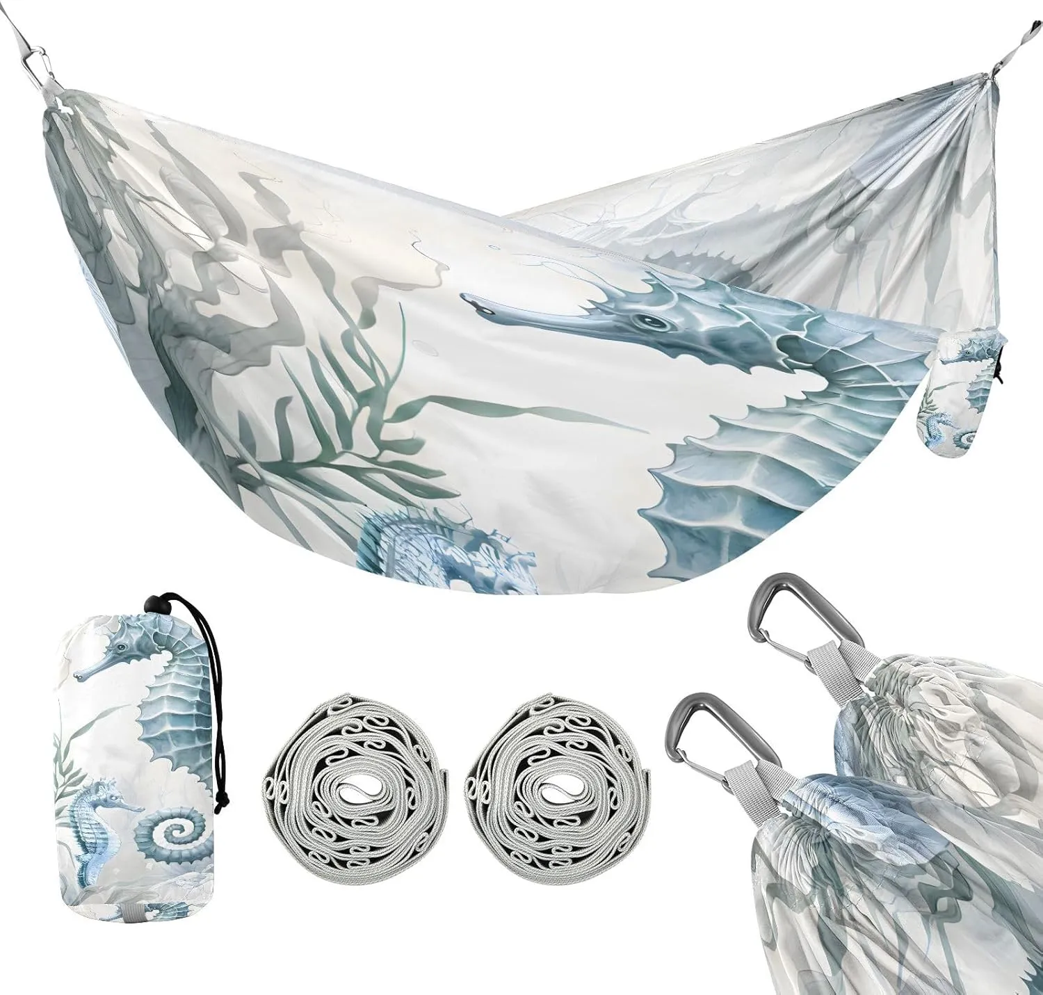 susiyo Portable Camping Hammock Seahorse Printed Lightweight Hammock Comfortable Travel Swing with Tree Straps for Camping Hiking Backpacking Travel or Beach - Up to 330lbs