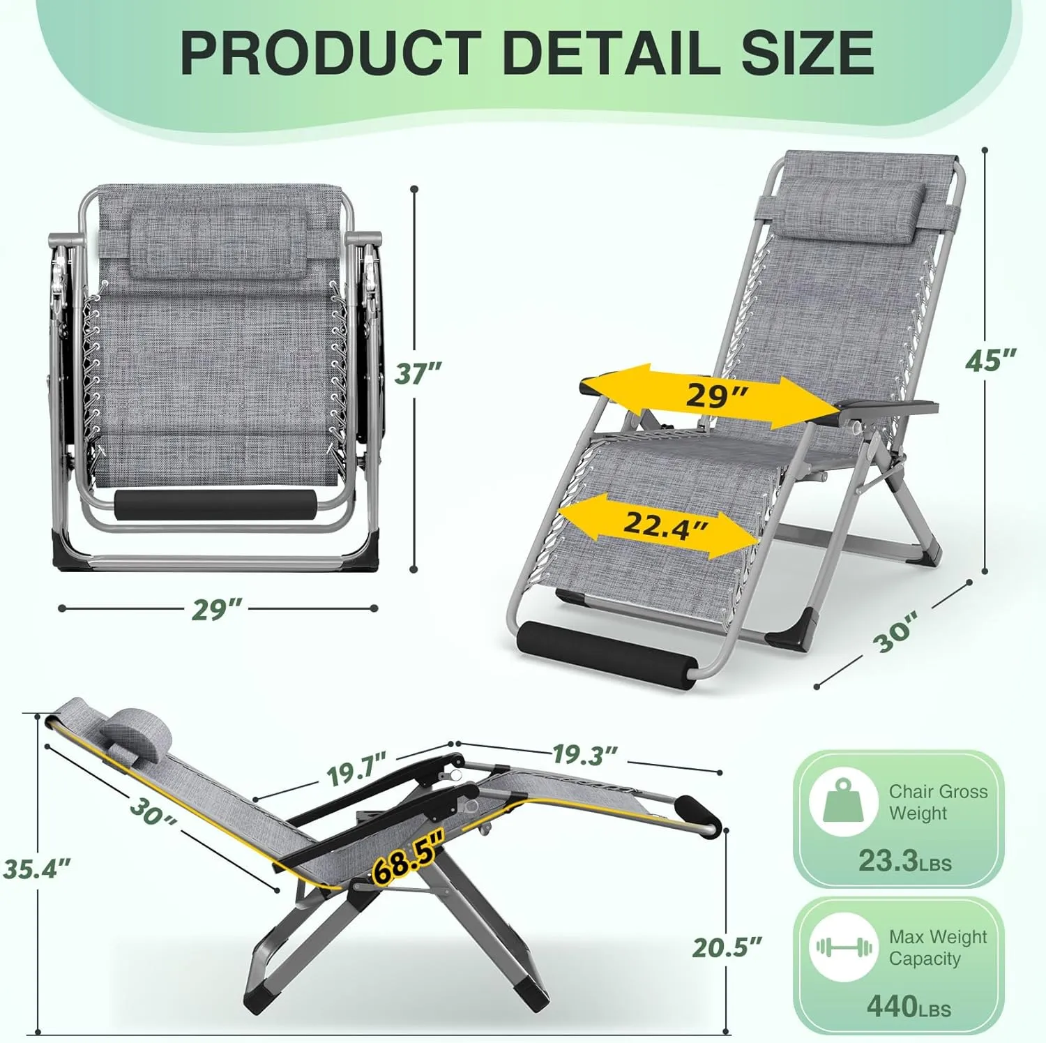 Suteck Oversized Zero Gravity Chair,29In XL Lounge Chair w/Removable Cushion&Headrest, Reclining Camping Chair w/Upgraded Lock and Footrest, Reclining Patio Chairs Recliner for Indoor Outdoor