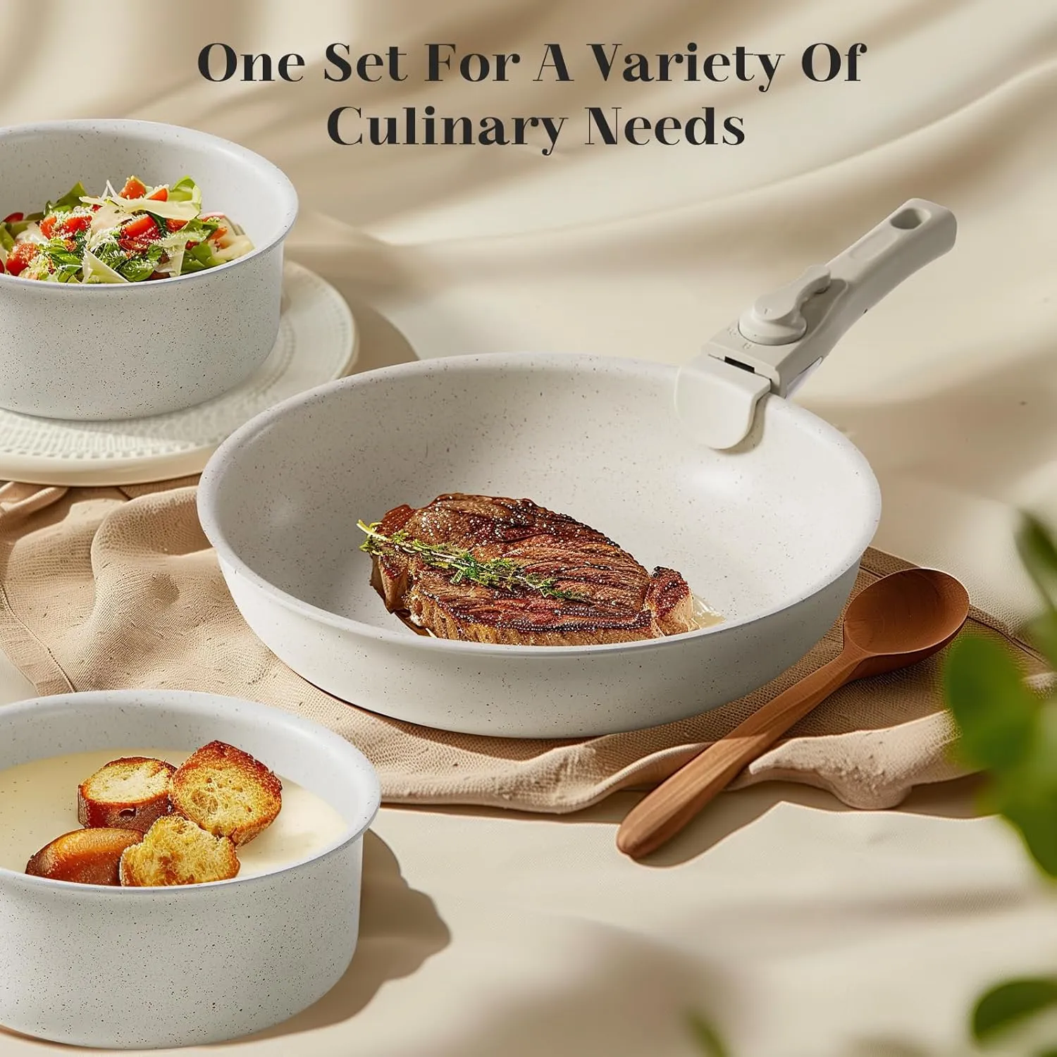 Sweetcrispy 12 pcs Pots and Pans Set, Nonstick Kitchen Induction Cookware Suit with Detachable Handle, Dishwasher Oven Safe, Milky White