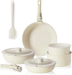 Sweetcrispy 12 pcs Pots and Pans Set, Nonstick Kitchen Induction Cookware Suit with Detachable Handle, Dishwasher Oven Safe, Milky White