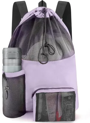 Swim Mesh Beach Bag, Waterproof Gym Bags for Women and Men, Large Pool Bag Swimming Gear Drawstring Backpack
