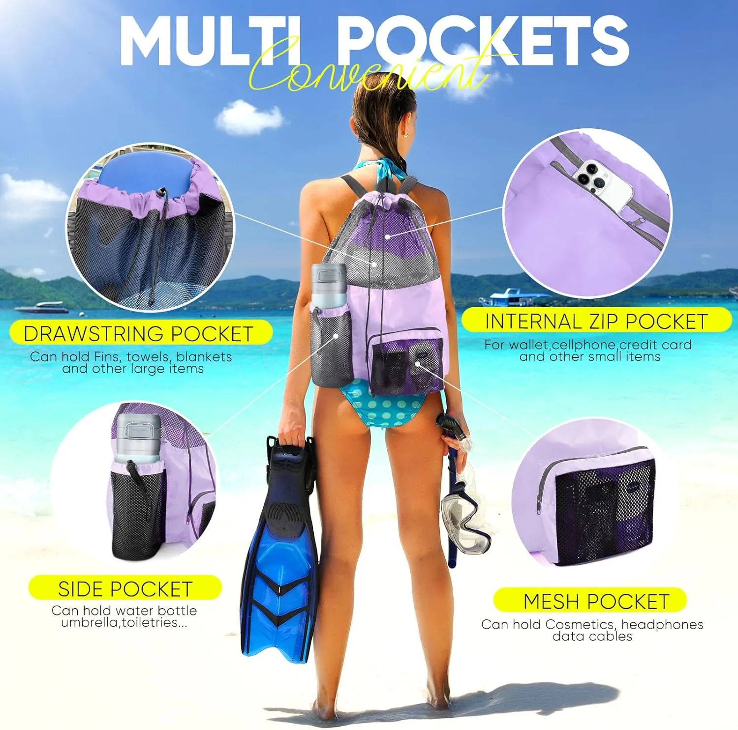 Swim Mesh Beach Bag, Waterproof Gym Bags for Women and Men, Large Pool Bag Swimming Gear Drawstring Backpack