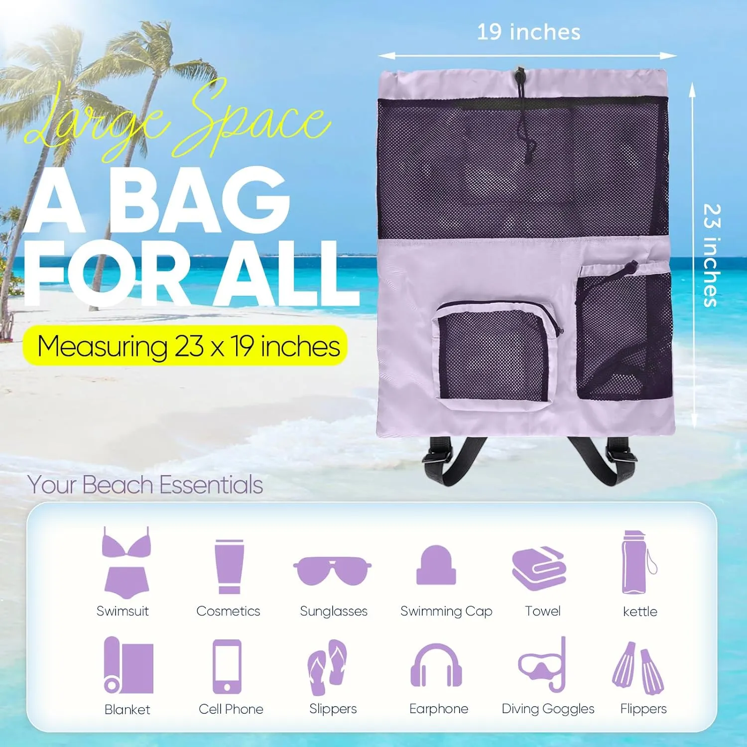 Swim Mesh Beach Bag, Waterproof Gym Bags for Women and Men, Large Pool Bag Swimming Gear Drawstring Backpack