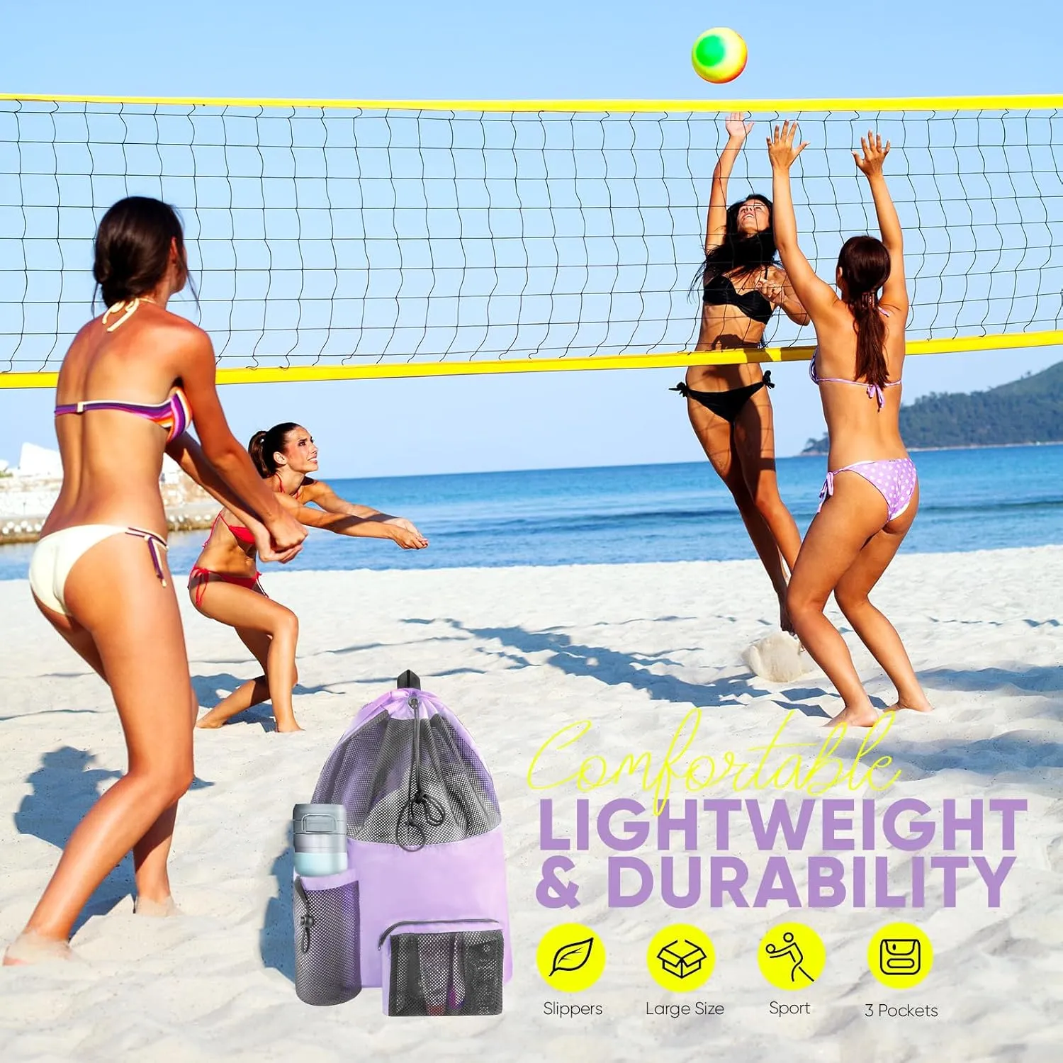 Swim Mesh Beach Bag, Waterproof Gym Bags for Women and Men, Large Pool Bag Swimming Gear Drawstring Backpack