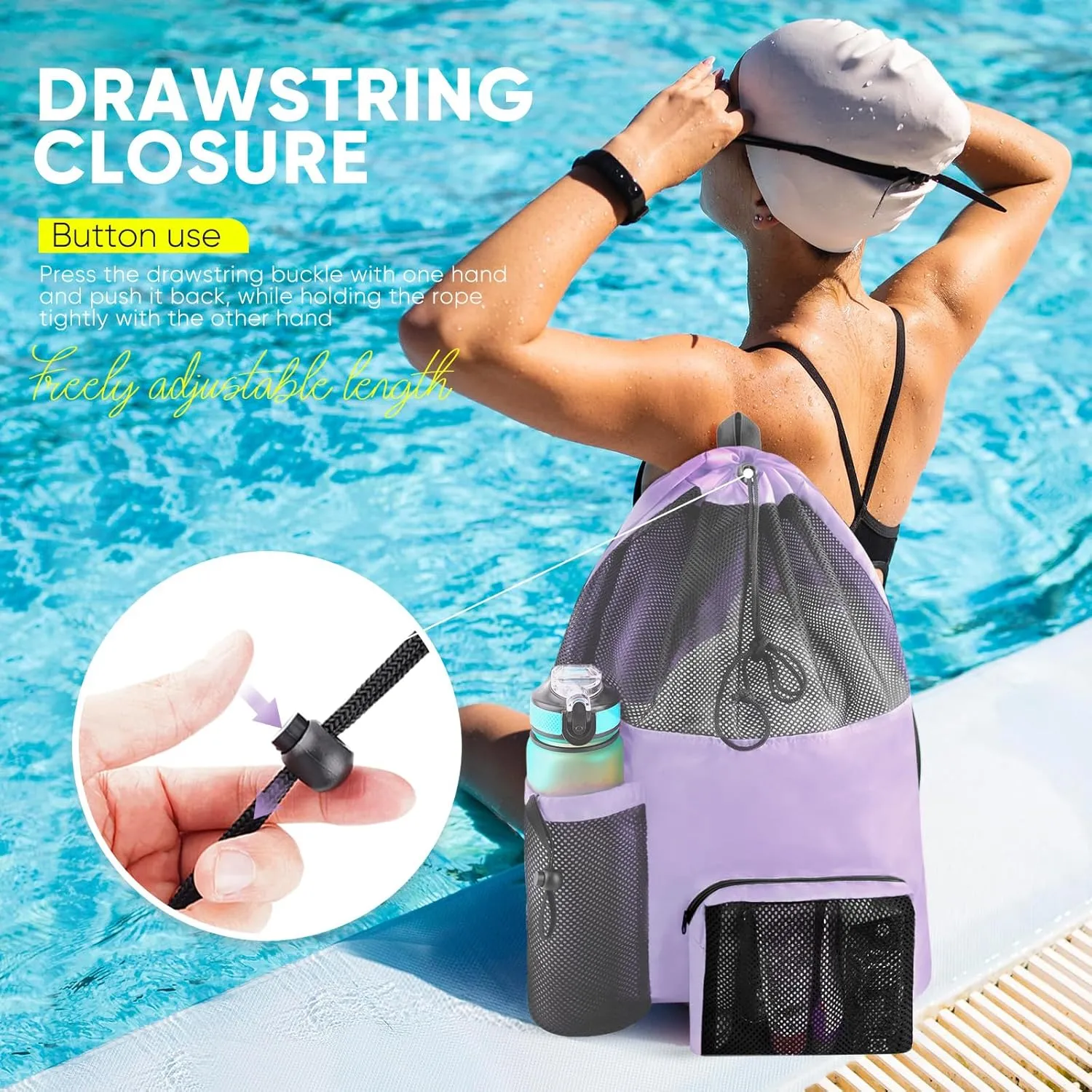 Swim Mesh Beach Bag, Waterproof Gym Bags for Women and Men, Large Pool Bag Swimming Gear Drawstring Backpack
