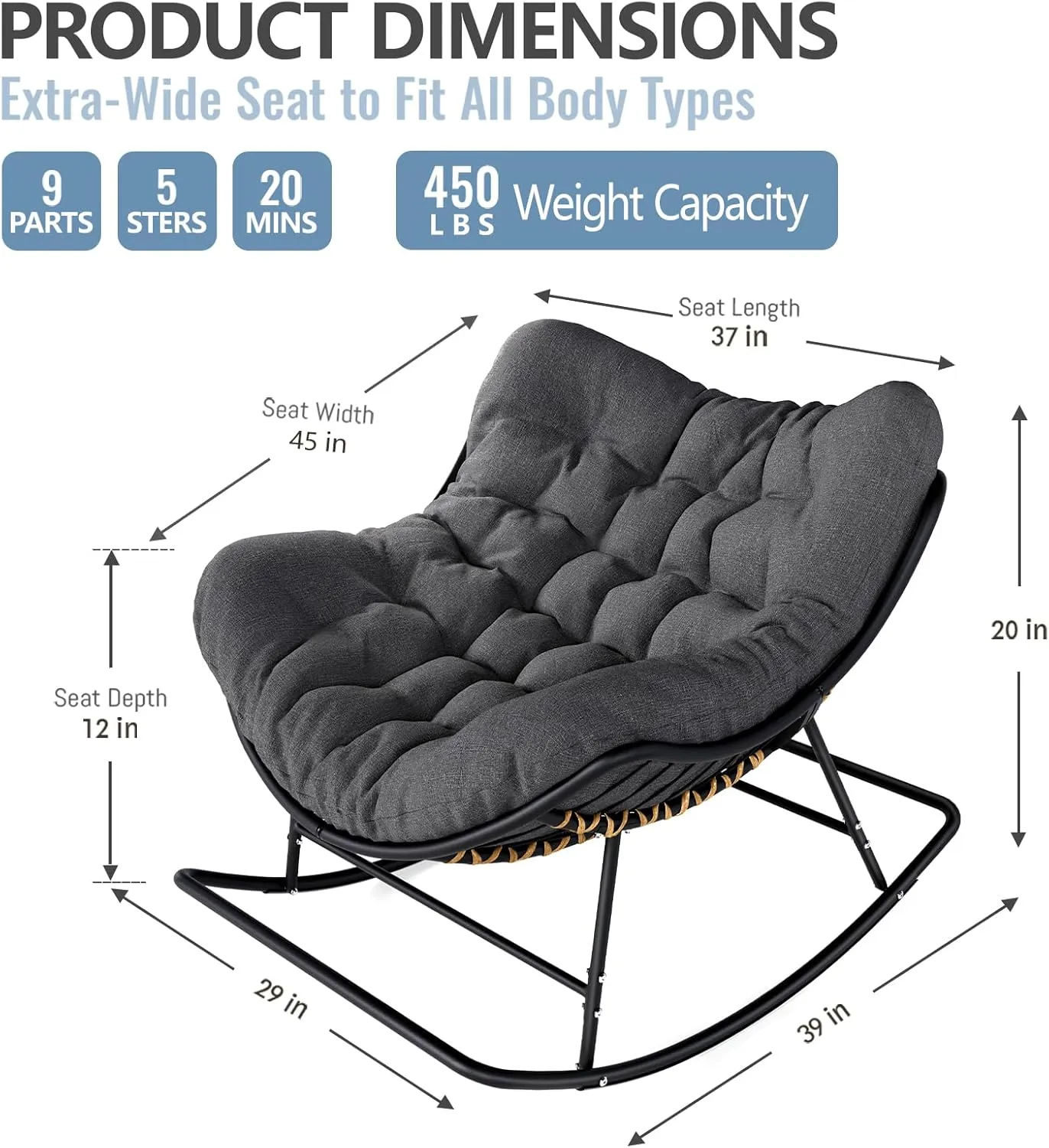 SWITTE Papasan Rocking Chair Outdoor, Indoor Wicker Rocking Chair with Cushion, Oversized Rocker Egg Patio Lounge Chairs - Grey