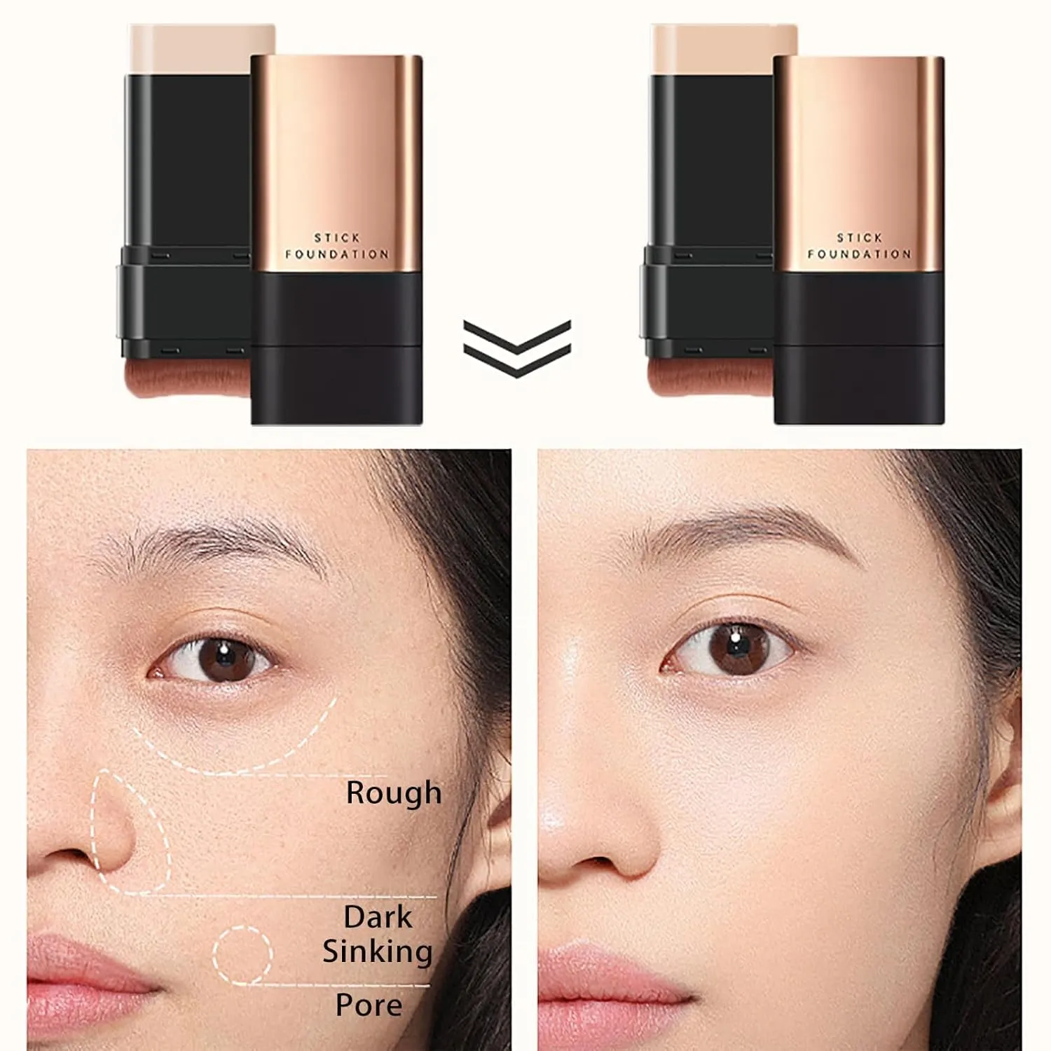 Synthetic Foundation Stick, 2 in 1- Luxury Anti-Wrinkle Foundation Stick, Synthetic Foundation Makeup Brush, VV Double Head Foundation Korean Eraser Foundation Stick Full Coverage (Natural Colour*2)