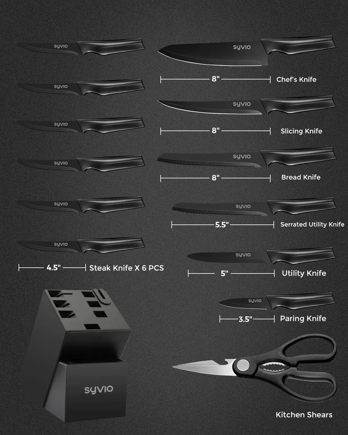syvio Block Knife Set, 15 Pcs Kitchen Knife Set with Block and Sharpener, with Heavy Poultry Shears and 6pcs Serrated Steak Knives Razor-Sharp, Stainless Steel, Lightweight, Anti-Slip Handle