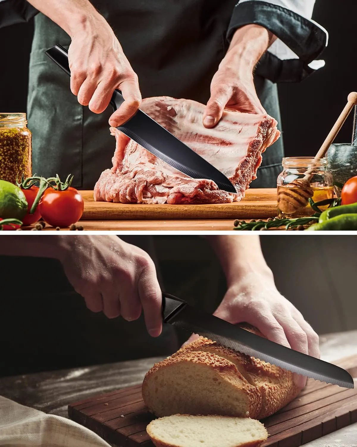 syvio Block Knife Set, 15 Pcs Kitchen Knife Set with Block and Sharpener, with Heavy Poultry Shears and 6pcs Serrated Steak Knives Razor-Sharp, Stainless Steel, Lightweight, Anti-Slip Handle