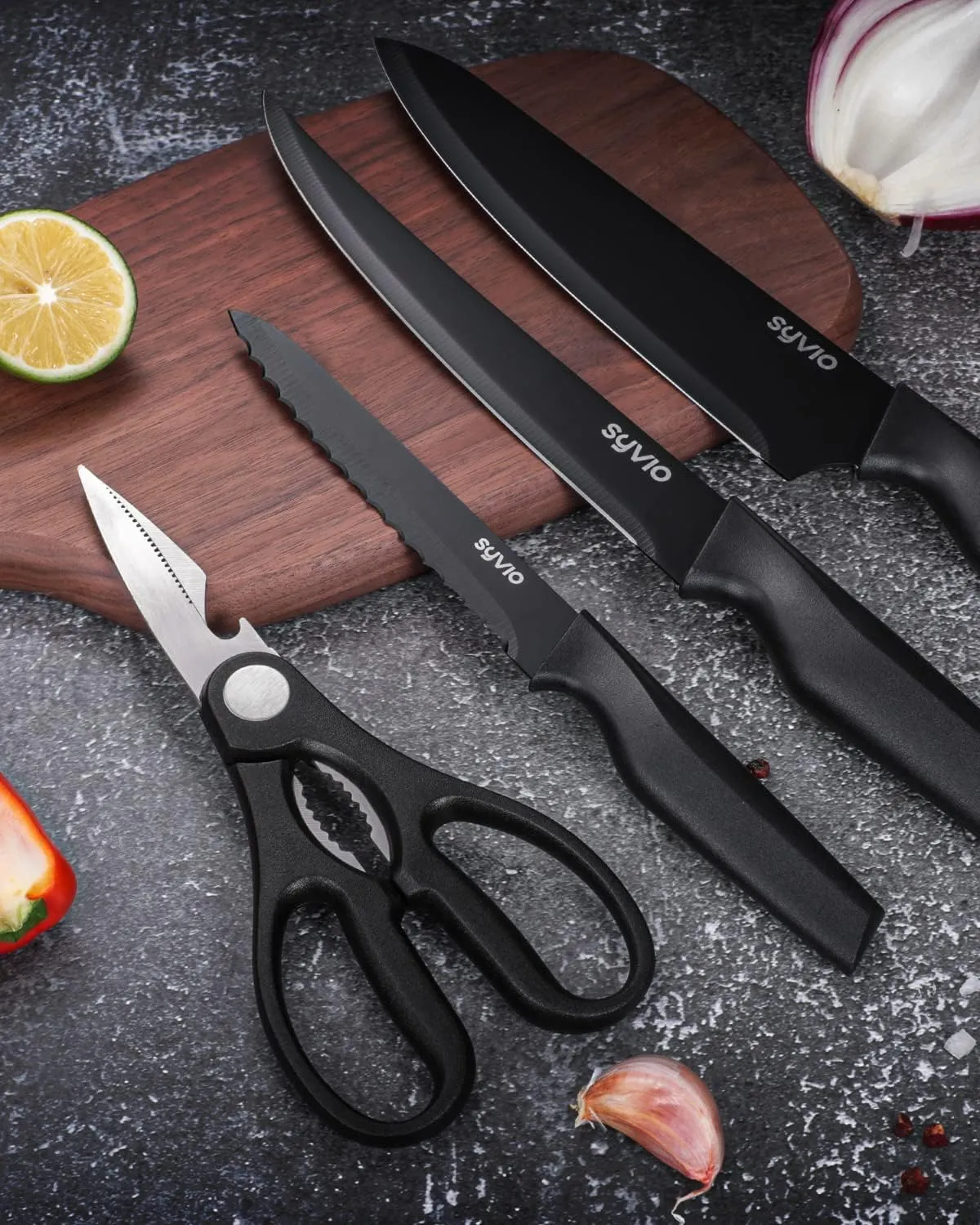 syvio Block Knife Set, 15 Pcs Kitchen Knife Set with Block and Sharpener, with Heavy Poultry Shears and 6pcs Serrated Steak Knives Razor-Sharp, Stainless Steel, Lightweight, Anti-Slip Handle