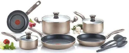 T-FAL C067SC METALLICS NONSTICK THERMO-SPOT HEAT INDICATOR COOKWARE SET, 12-PIECE, BRONZE