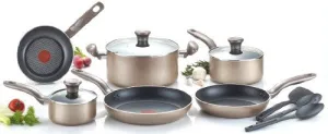 T-FAL C067SC METALLICS NONSTICK THERMO-SPOT HEAT INDICATOR COOKWARE SET, 12-PIECE, BRONZE