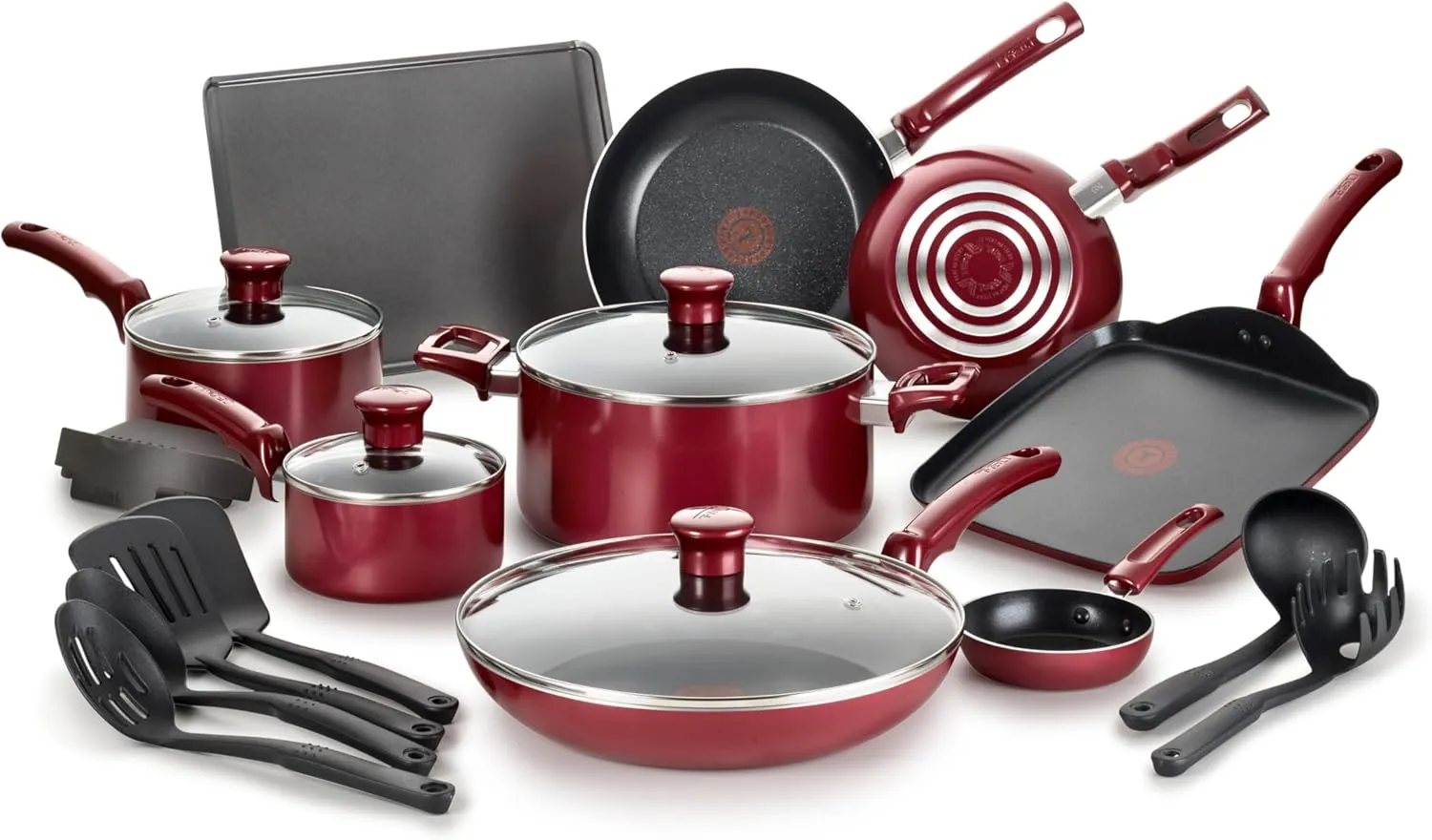 T-fal Essence, 20 Piece Non-Stick pots and pans Cookware Set, Red