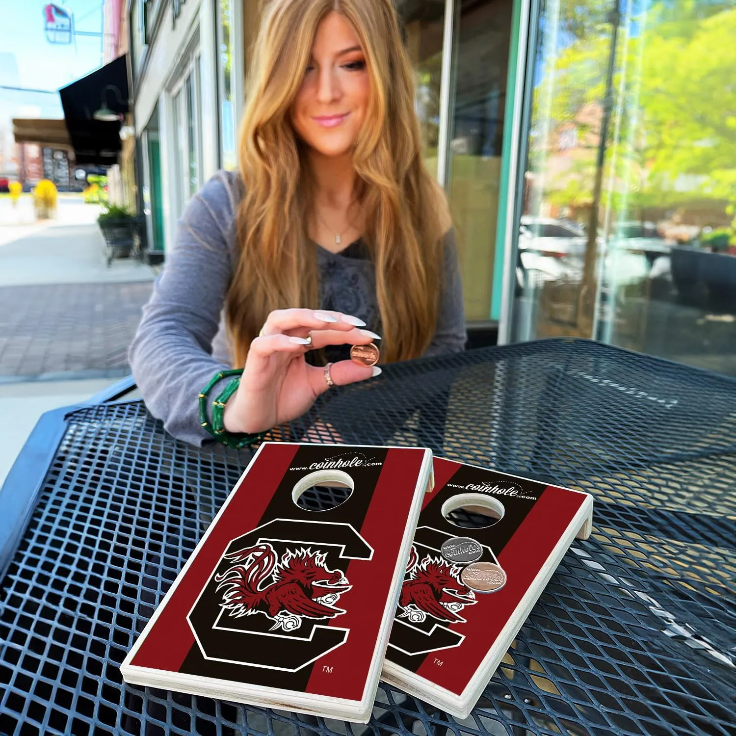 Tabletop Cornhole Game Set | Officially Licensed College Mini Football Cornhole Board Game | Includes Coins