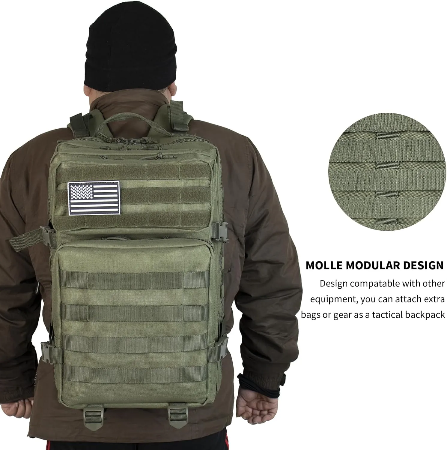 Tactical Backpack 45L Assault Pack Green Army Pack for Men 3 Day Molle Bug Out Bag Outdoor Camping Hiking Daypack Military Assault Large Rucksack without Bottle Holder