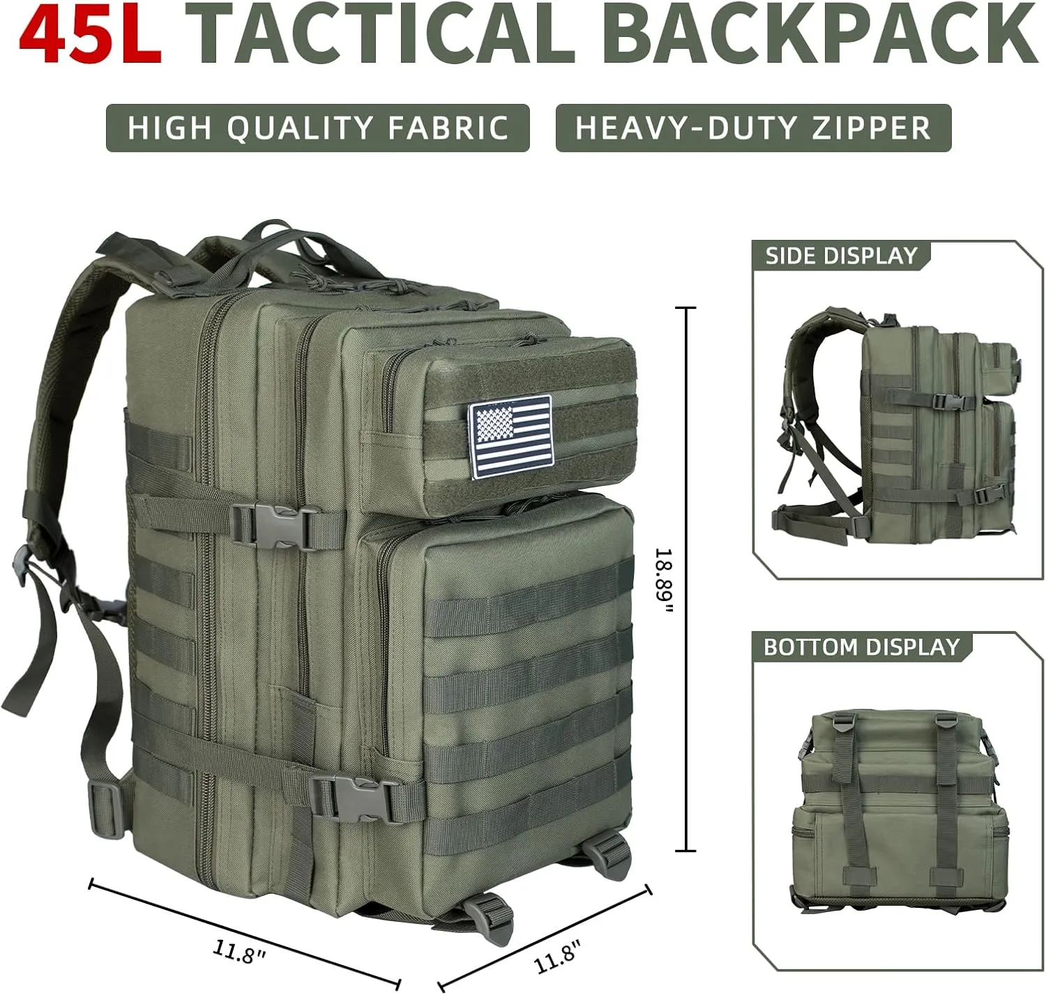 Tactical Backpack 45L Assault Pack Green Army Pack for Men 3 Day Molle Bug Out Bag Outdoor Camping Hiking Daypack Military Assault Large Rucksack without Bottle Holder