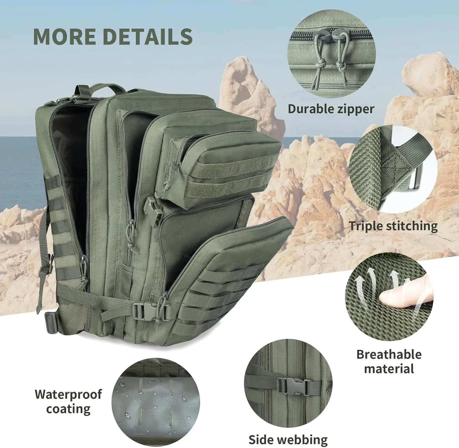 Tactical Backpack 45L Assault Pack Green Army Pack for Men 3 Day Molle Bug Out Bag Outdoor Camping Hiking Daypack Military Assault Large Rucksack without Bottle Holder