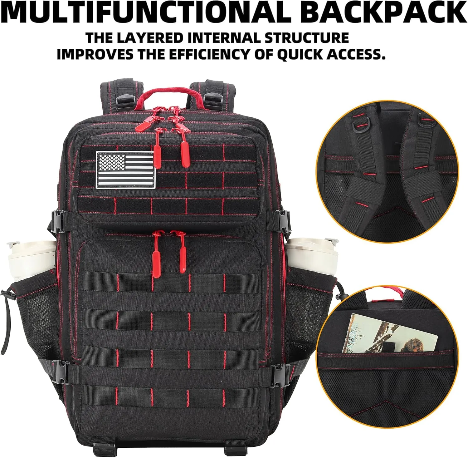 Tactical Backpack Daily Use Military Tactical Backpack for Men and Women 45L Backpack Fitness Backpack (45LBlack&Red)