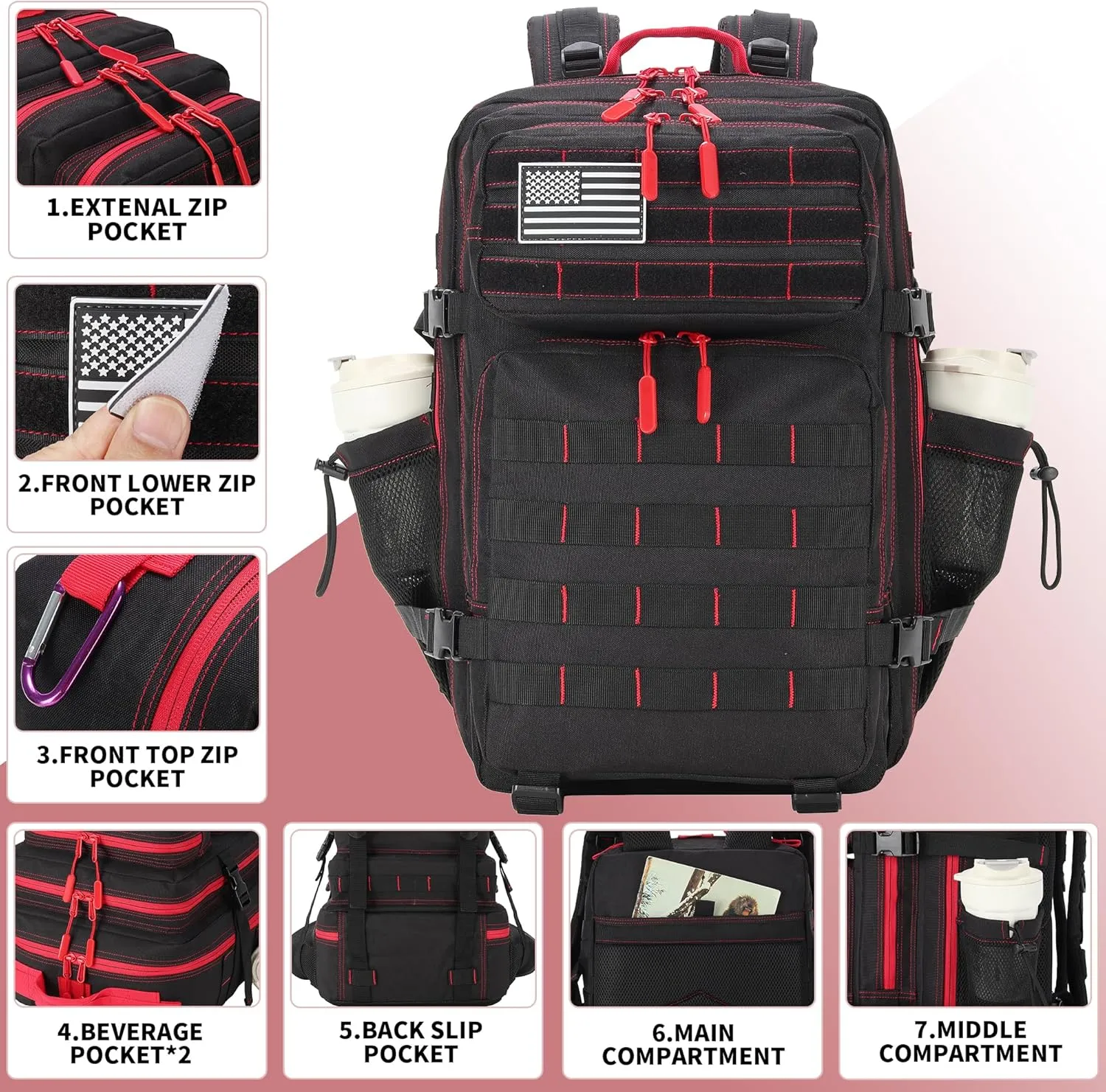Tactical Backpack Daily Use Military Tactical Backpack for Men and Women 45L Backpack Fitness Backpack (45LBlack&Red)