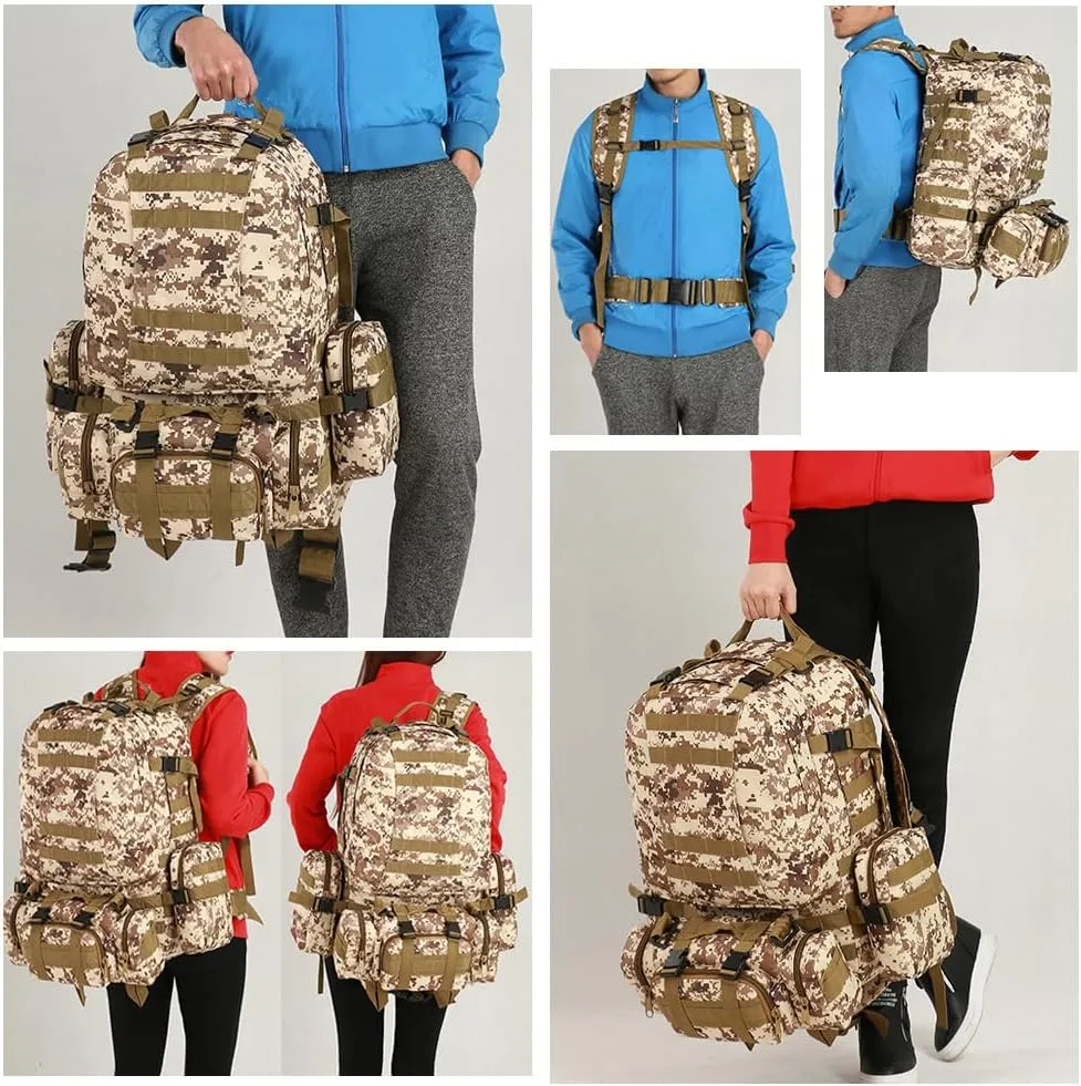 Tactical Backpack Military Army Rucksack 60L Large Assault Pack Detachable Molle Bag (CP)