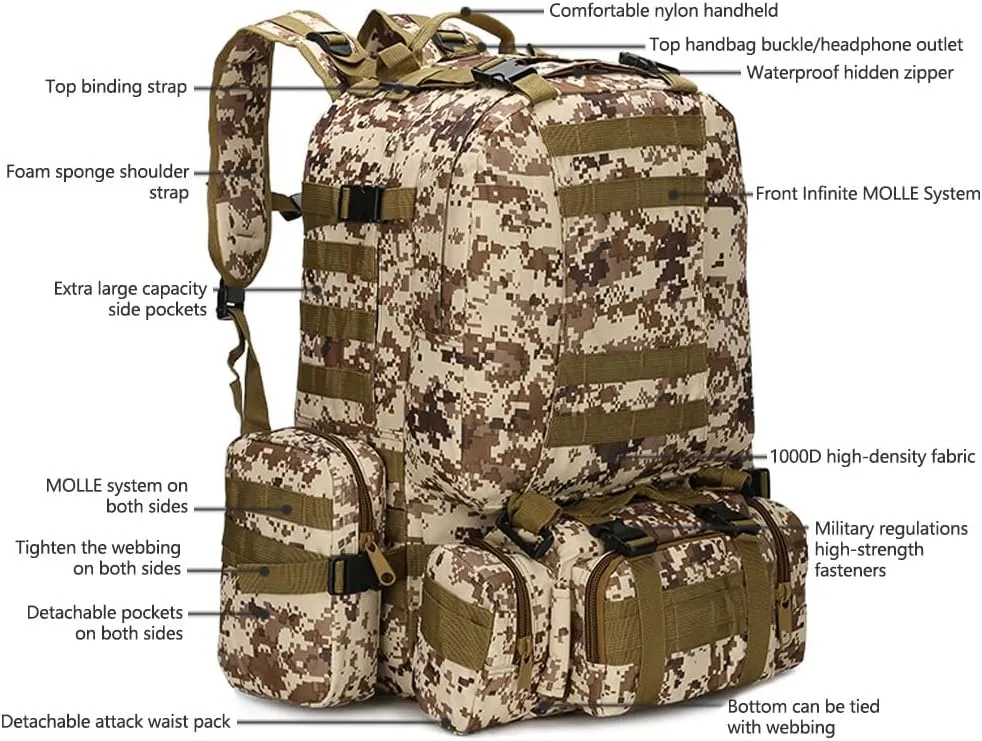 Tactical Backpack Military Army Rucksack 60L Large Assault Pack Detachable Molle Bag (CP)