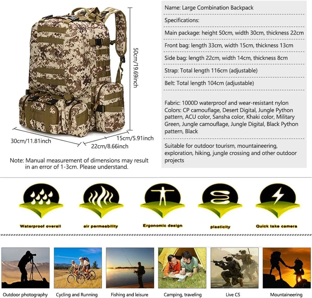 Tactical Backpack Military Army Rucksack 60L Large Assault Pack Detachable Molle Bag (CP)