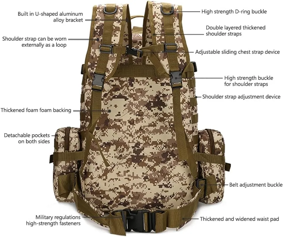 Tactical Backpack Military Army Rucksack 60L Large Assault Pack Detachable Molle Bag (CP)
