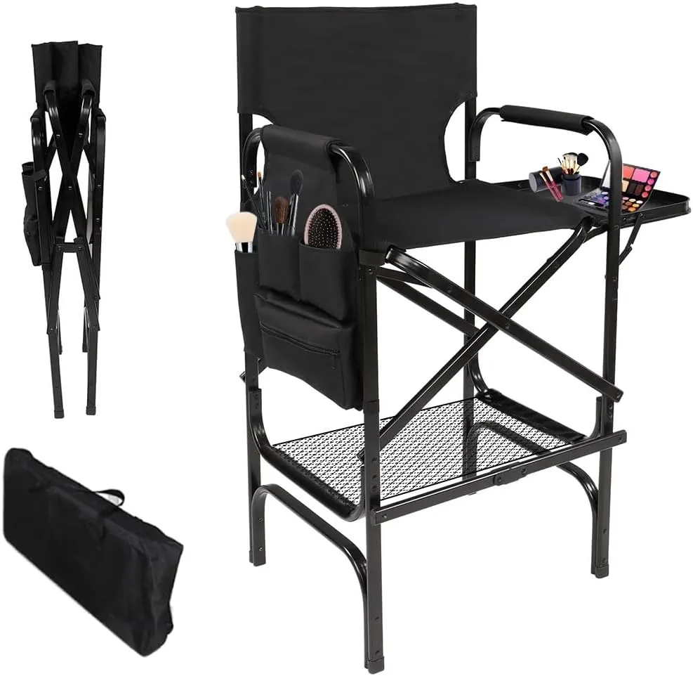 Tall Directors Chair, Folding Makeup Chair with Folding Tabletop Storage Bags for Makeup Artists to Keep Makeup Cases and Brushes, Oversized Portable Camping Chair for Outside Knee Protection, Black