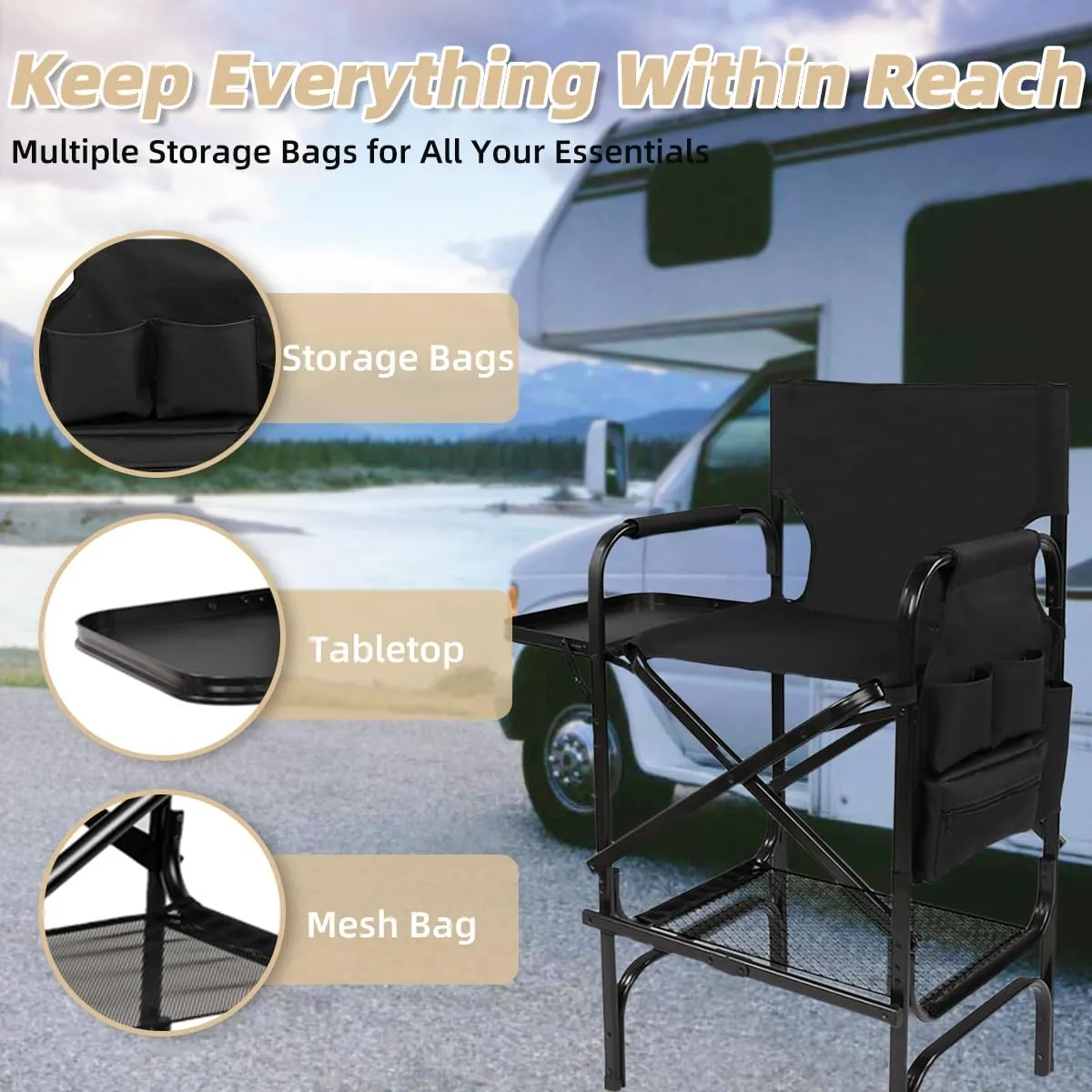 Tall Directors Chair, Folding Makeup Chair with Folding Tabletop Storage Bags for Makeup Artists to Keep Makeup Cases and Brushes, Oversized Portable Camping Chair for Outside Knee Protection, Black