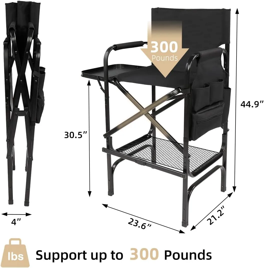Tall Directors Chair, Folding Makeup Chair with Folding Tabletop Storage Bags for Makeup Artists to Keep Makeup Cases and Brushes, Oversized Portable Camping Chair for Outside Knee Protection, Black