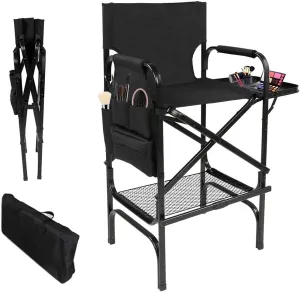 Tall Directors Chair, Folding Makeup Chair with Folding Tabletop Storage Bags for Makeup Artists to Keep Makeup Cases and Brushes, Oversized Portable Camping Chair for Outside Knee Protection, Black