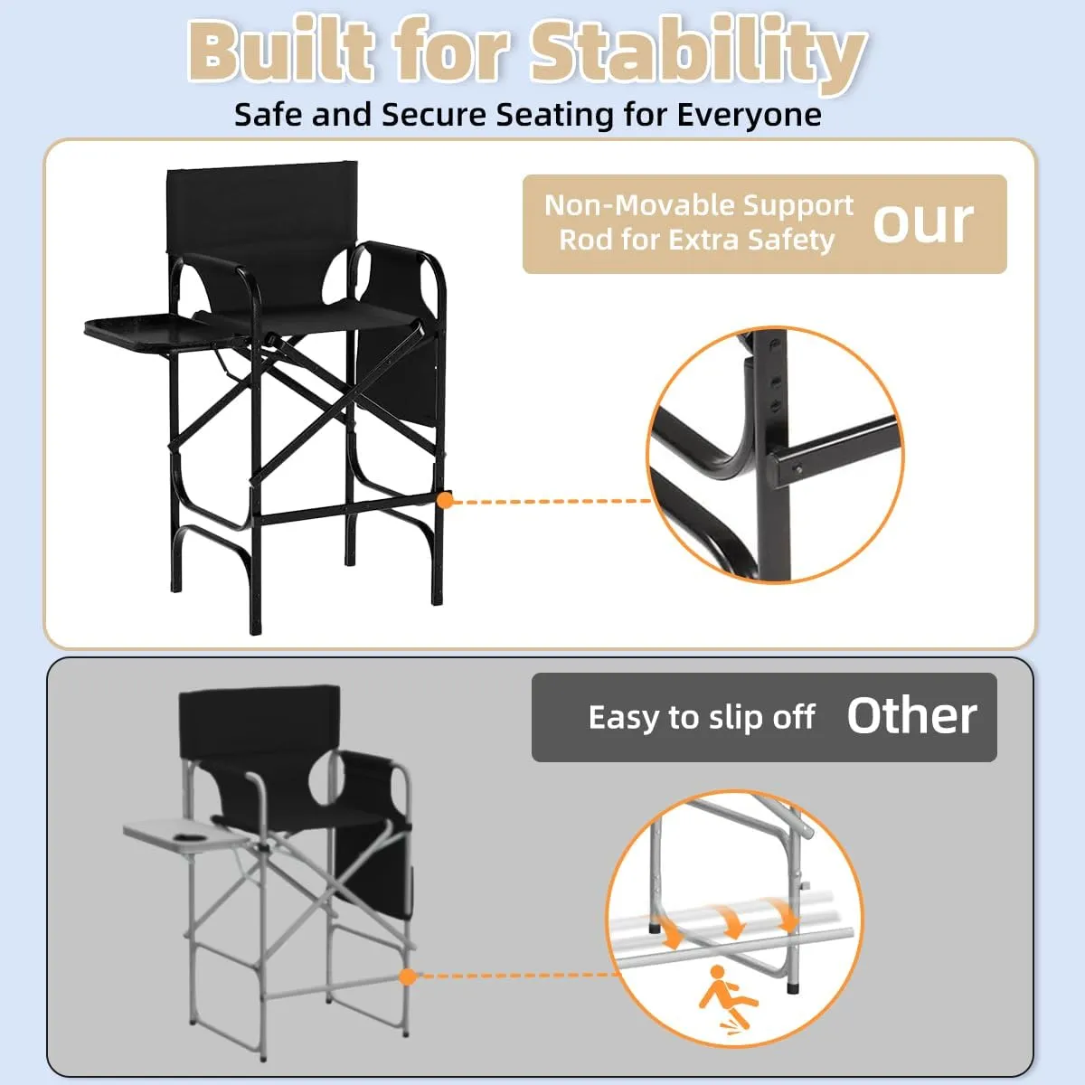 Tall Directors Chair, Folding Makeup Chair with Folding Tabletop Storage Bags for Makeup Artists to Keep Makeup Cases and Brushes, Oversized Portable Camping Chair for Outside Knee Protection, Black