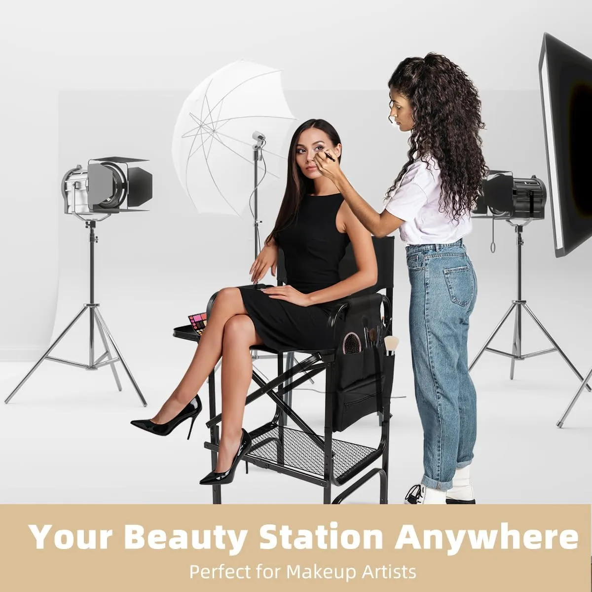 Tall Directors Chair, Folding Makeup Chair with Folding Tabletop Storage Bags for Makeup Artists to Keep Makeup Cases and Brushes, Oversized Portable Camping Chair for Outside Knee Protection, Black