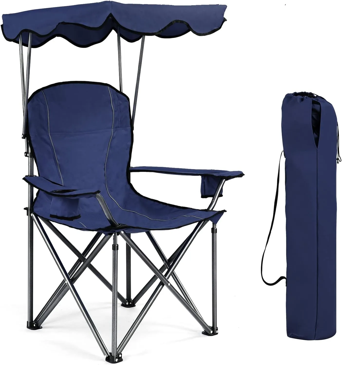 Tangkula Folding Camping Chair, Lightweight Portable Camp Lawn Chair with Adjustable Shade Canopy, Carrying Bag, Cup Holders, Outdoor Beach Chair for Travel, Fishing, Picnic (Blue)