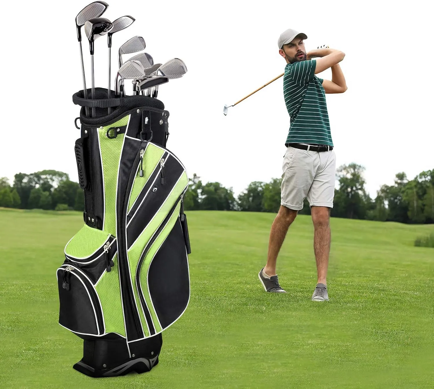 Tangkula Golf Stand Bag with 6 Way Top Dividers, Lightweight Golf Bag with Adjustable Dual Strap & 8 Pockets, Waterproof Rain Hood, Portable for Men Women