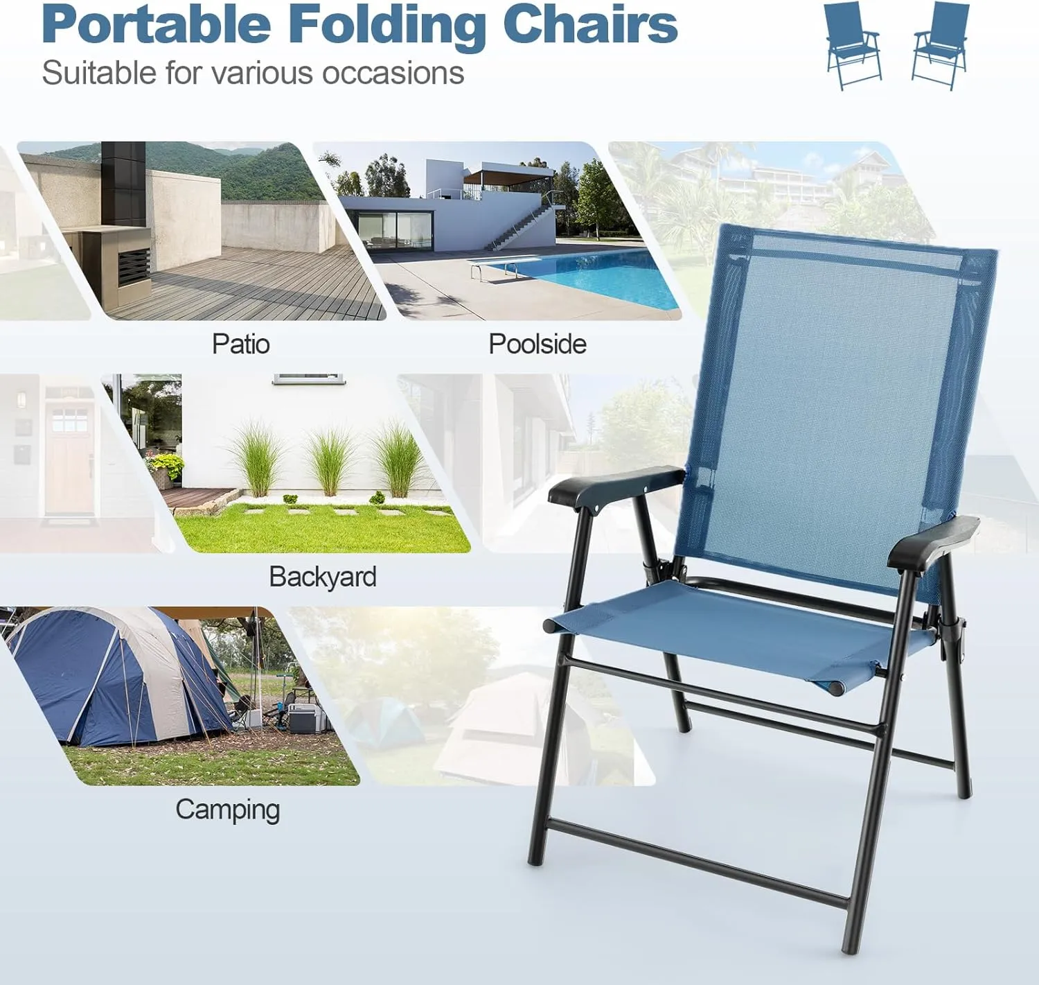 Tangkula Patio Folding Chairs Set of 2, Outdoor Sling Chairs with Breathable Fabric Back & Seat, Portable Dining Camping Chairs for Poolside, Yard, Garden, Deck, Lawn, Beach (Blue)