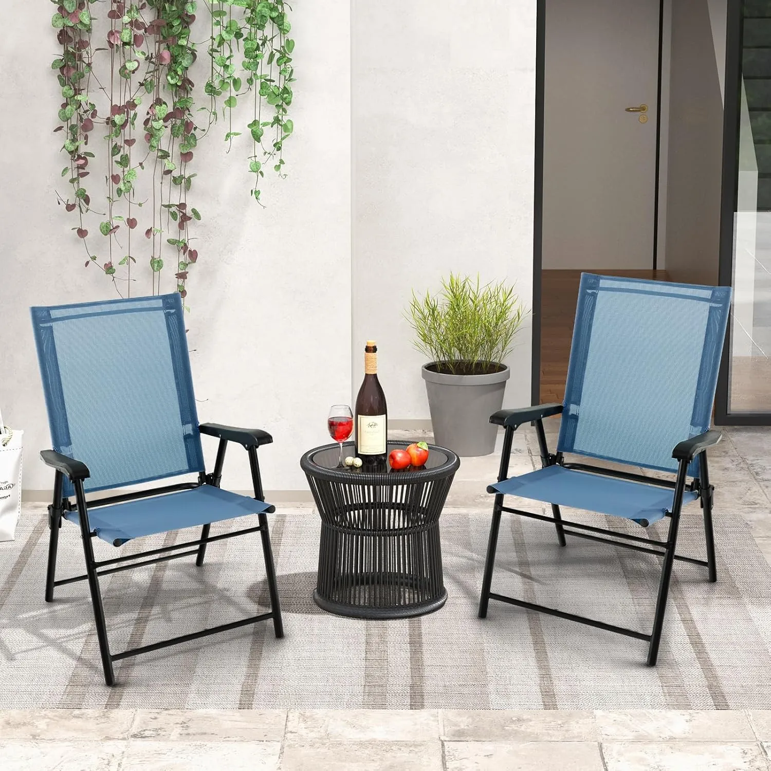 Tangkula Patio Folding Chairs Set of 2, Outdoor Sling Chairs with Breathable Fabric Back & Seat, Portable Dining Camping Chairs for Poolside, Yard, Garden, Deck, Lawn, Beach (Blue)
