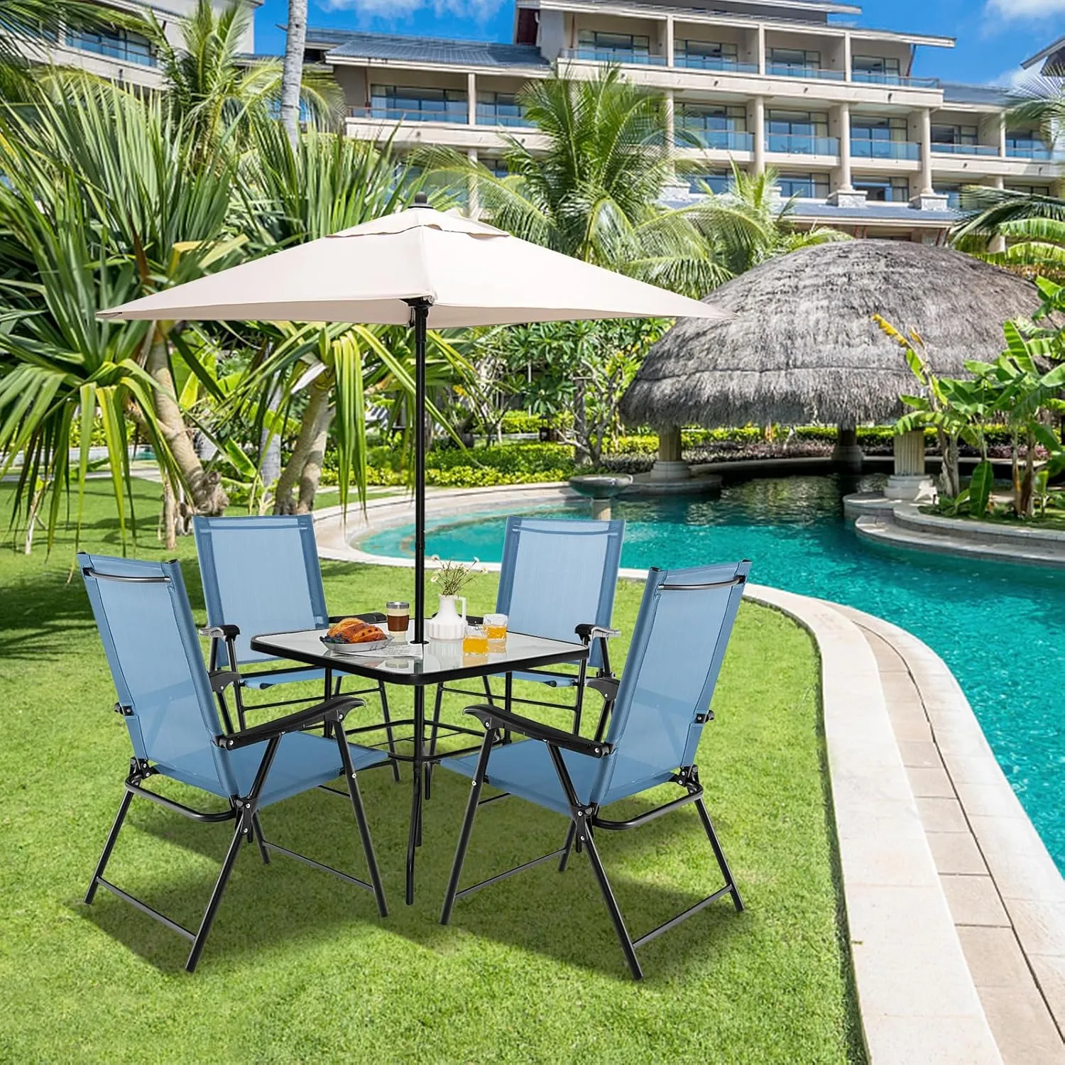 Tangkula Patio Folding Chairs Set of 2, Outdoor Sling Chairs with Breathable Fabric Back & Seat, Portable Dining Camping Chairs for Poolside, Yard, Garden, Deck, Lawn, Beach (Blue)