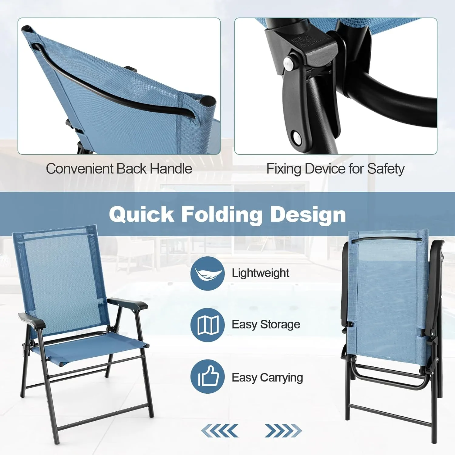 Tangkula Patio Folding Chairs Set of 2, Outdoor Sling Chairs with Breathable Fabric Back & Seat, Portable Dining Camping Chairs for Poolside, Yard, Garden, Deck, Lawn, Beach (Blue)