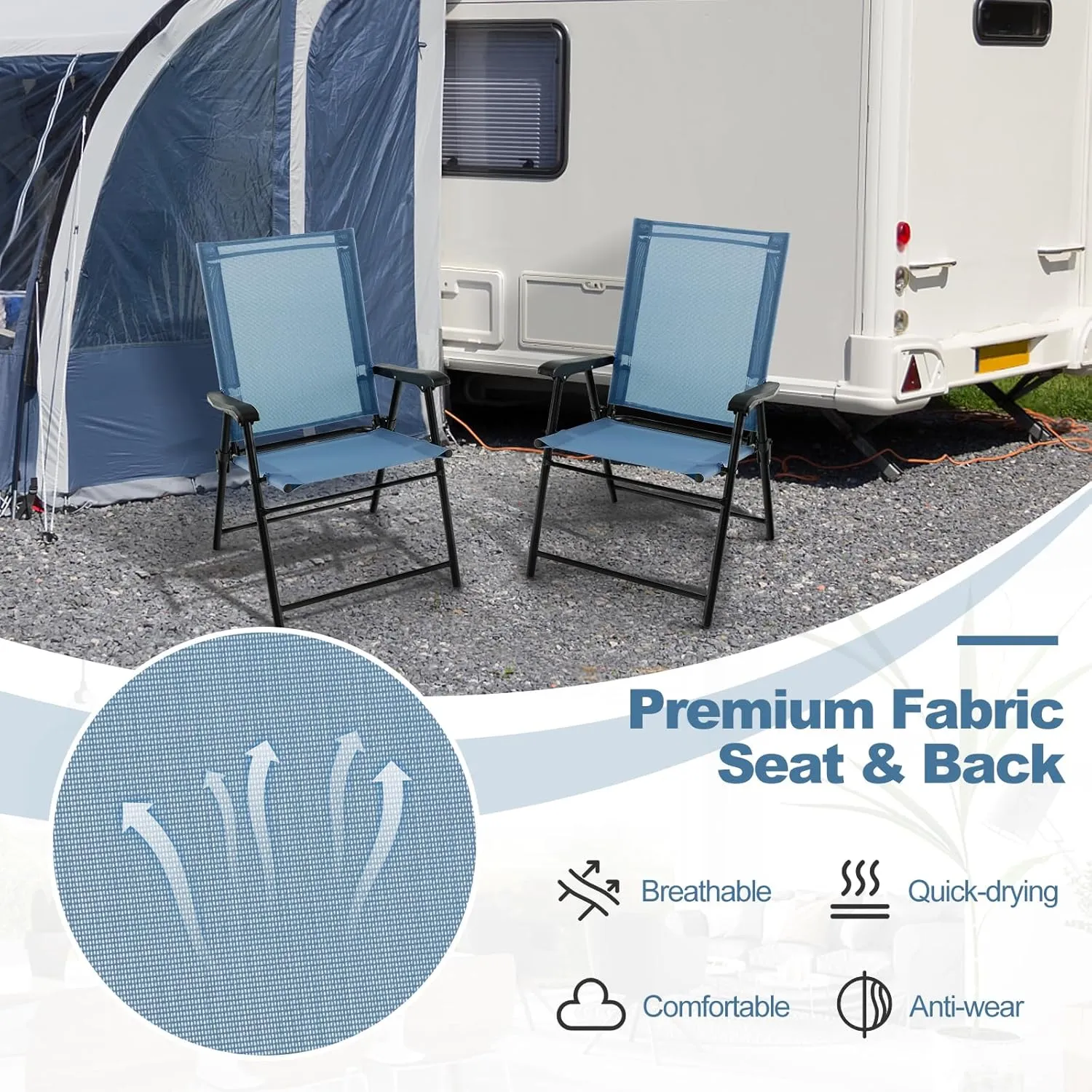 Tangkula Patio Folding Chairs Set of 2, Outdoor Sling Chairs with Breathable Fabric Back & Seat, Portable Dining Camping Chairs for Poolside, Yard, Garden, Deck, Lawn, Beach (Blue)