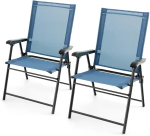 Tangkula Patio Folding Chairs Set of 2, Outdoor Sling Chairs with Breathable Fabric Back & Seat, Portable Dining Camping Chairs for Poolside, Yard, Garden, Deck, Lawn, Beach (Blue)