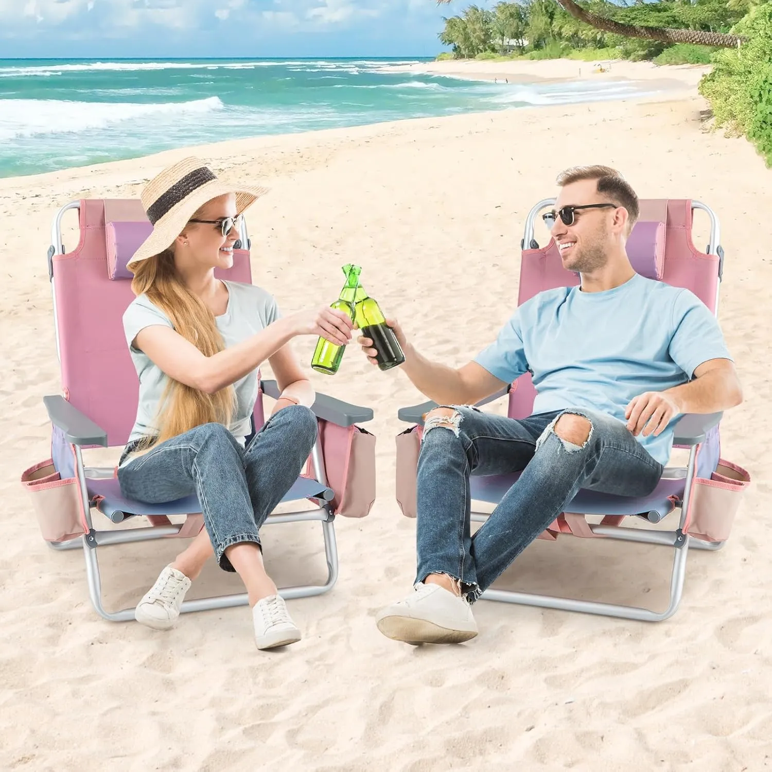 Tangkula Set of 4 Backpack Beach Chair, 5-Position Lay Flat Beach Chairs with Cooler Bag, 2 Cup Holders, Towel Bar, Lightweight Folding Beach Chair with Backpack Straps